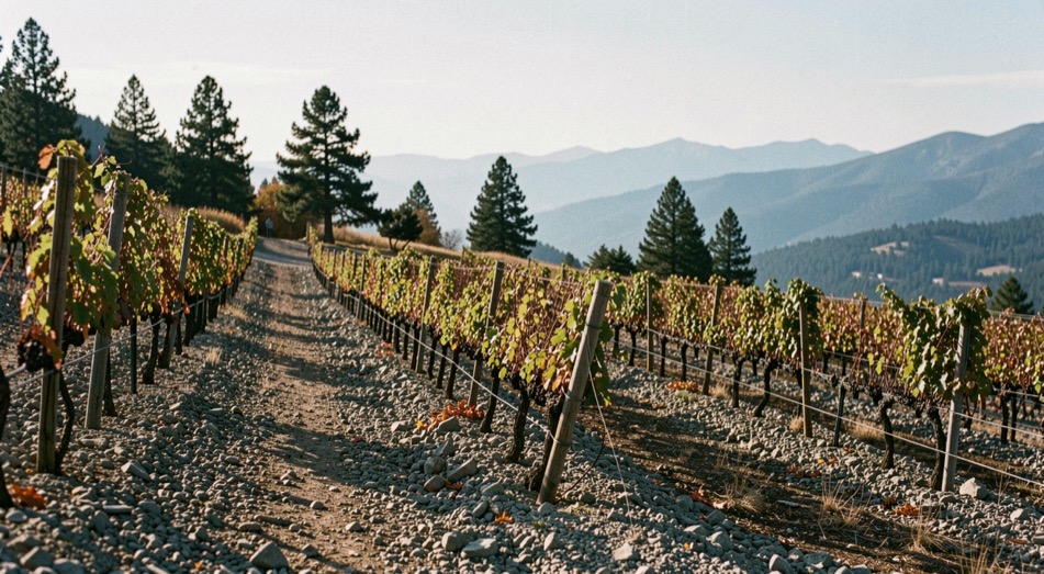 High-elevation vineyard rows in El Dorado County with granite soil, blue foothill distance, and scattered pines