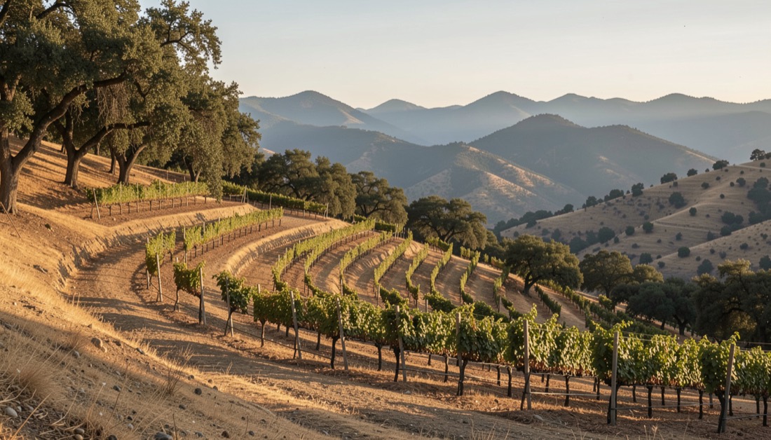 Warm morning light crossing terraced vineyard rows on a dry Sierra Foothills slope beneath oak shadows and blue ridges